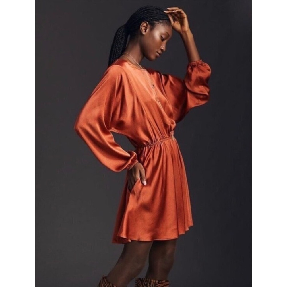 Caballero Rust Orange Tiger Stripe Satin Long Sleeve Mini Dress Small
